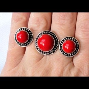 3 red coral stone floating ring sz 8.75+9